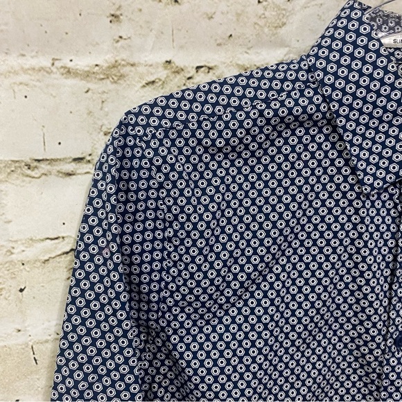 Express Blue White Geometric Print Slim Fit Button Up Shirt - Picture 2 of 5